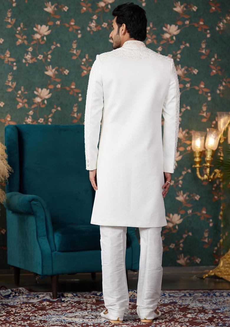 Cream Embroidered Art Silk Sherwani Set For Men