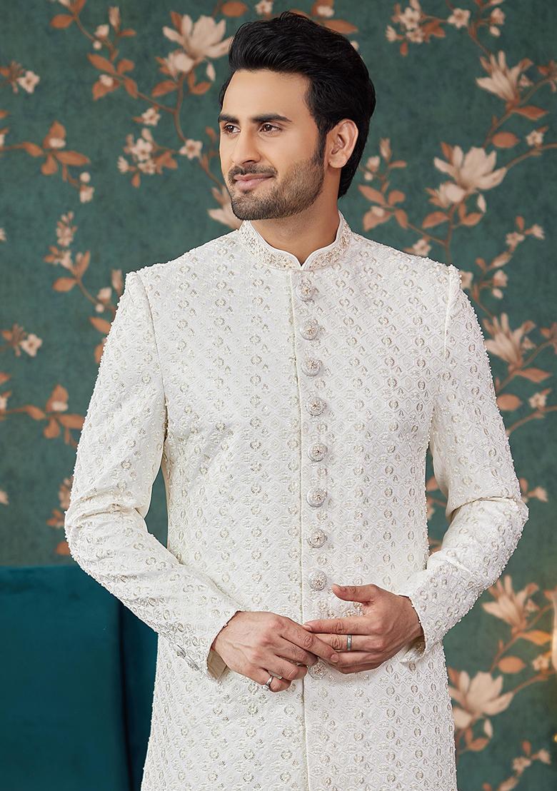 Cream Embroidered Art Silk Sherwani Set For Men