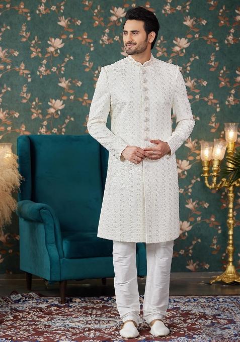 Cream Embroidered Art Silk Sherwani Set For Men