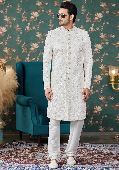 Cream Embroidered Art Silk Sherwani Set For Men