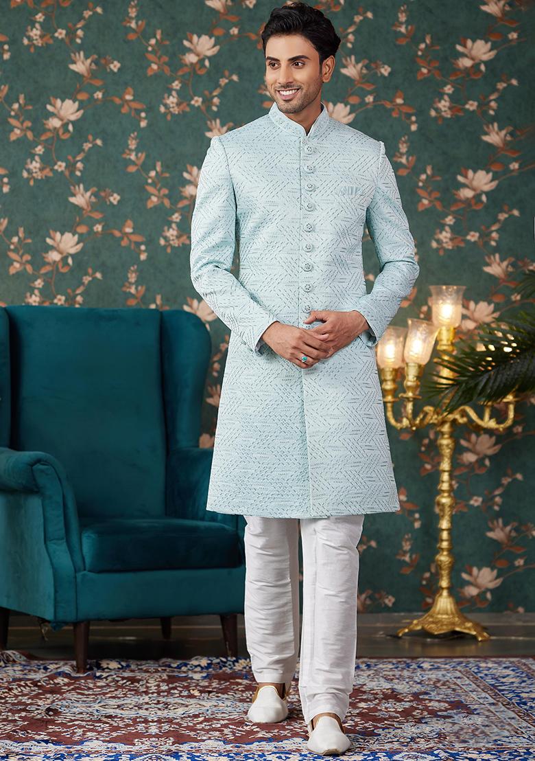 Pista Green Embroidered Art Silk Sherwani Set For Men