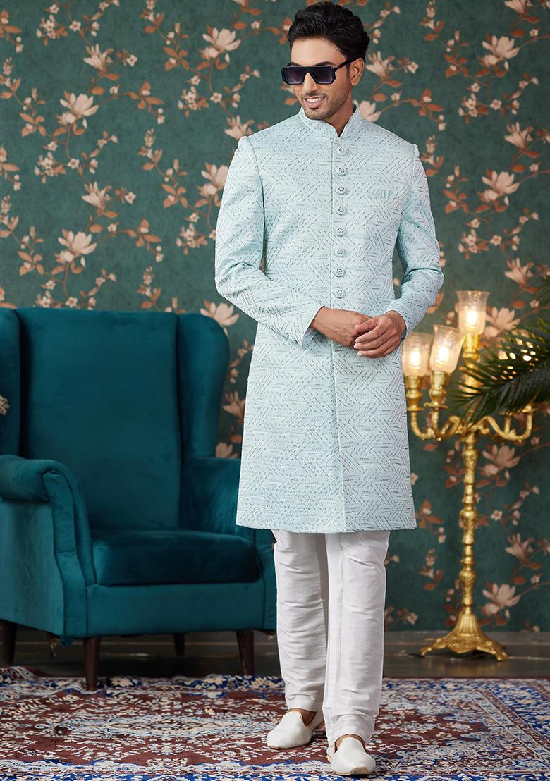 Pista Green Embroidered Art Silk Sherwani Set For Men