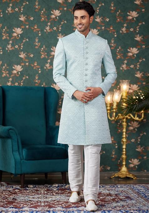 Pista Green Embroidered Art Silk Sherwani Set For Men