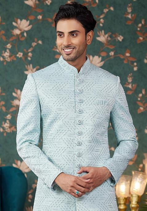 Pista Green Embroidered Art Silk Sherwani Set For Men