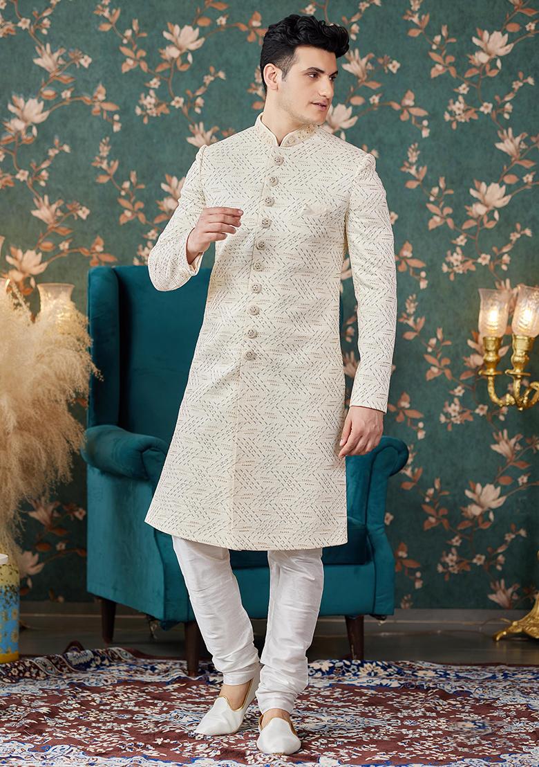 Cream Embroidered Art Silk Sherwani Set For Men