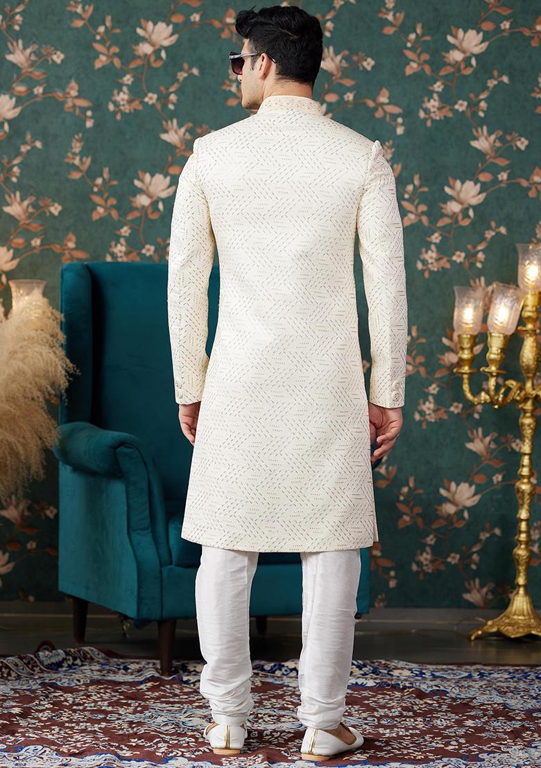 Cream Embroidered Art Silk Sherwani Set For Men