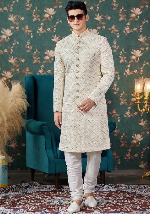 Cream Embroidered Art Silk Sherwani Set For Men
