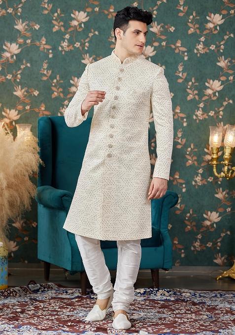 Cream Embroidered Art Silk Sherwani Set For Men