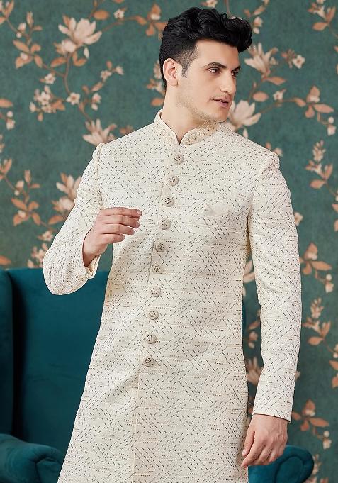 Cream Embroidered Art Silk Sherwani Set For Men