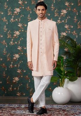 Peach Embroidered Art Silk Kurta Set For Men
