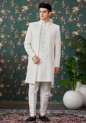 Cream Embroidered Art Silk Kurta Set For Men
