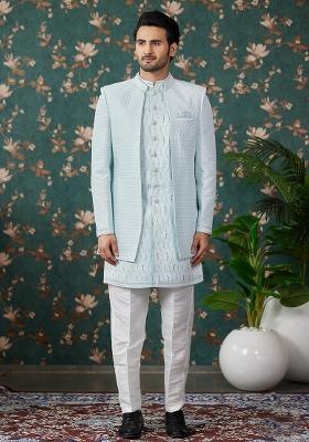 Pista Green Embroidered Art Silk Kurta Set For Men