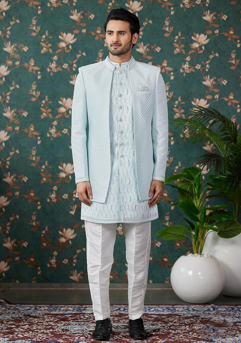 Pista Green Embroidered Art Silk Kurta Set For Men