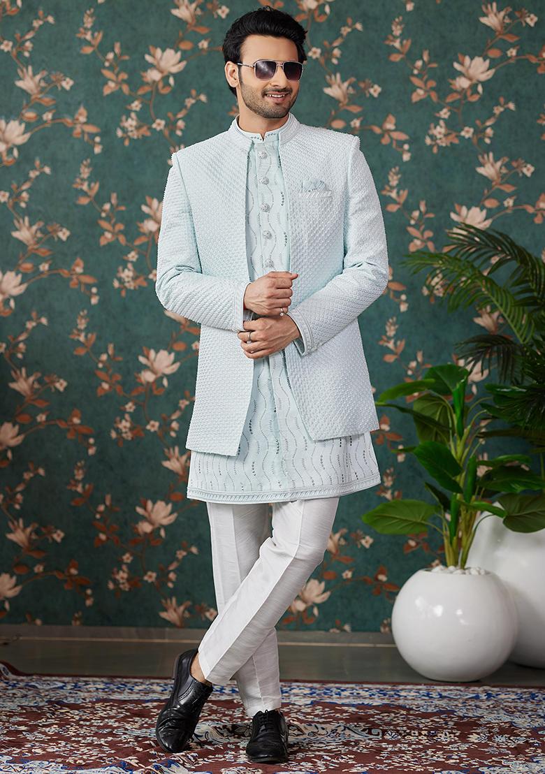Pista Green Embroidered Art Silk Kurta Set For Men