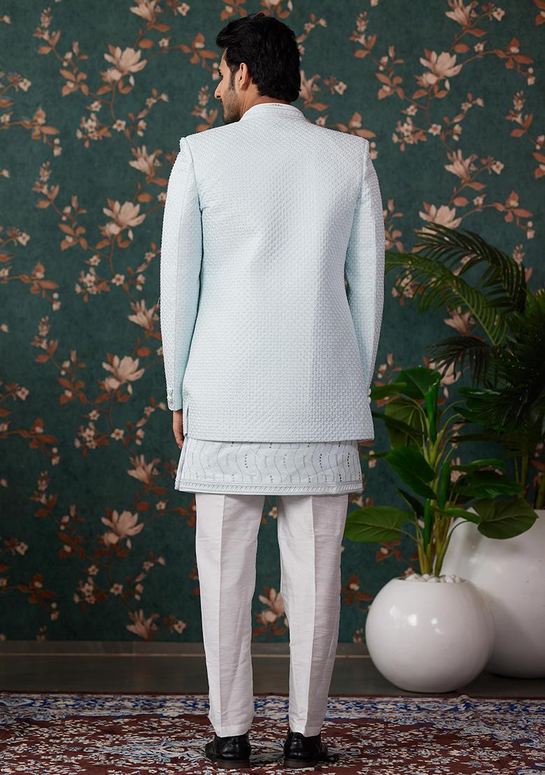 Pista Green Embroidered Art Silk Kurta Set For Men