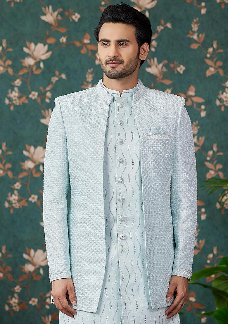 Pista Green Embroidered Art Silk Kurta Set For Men