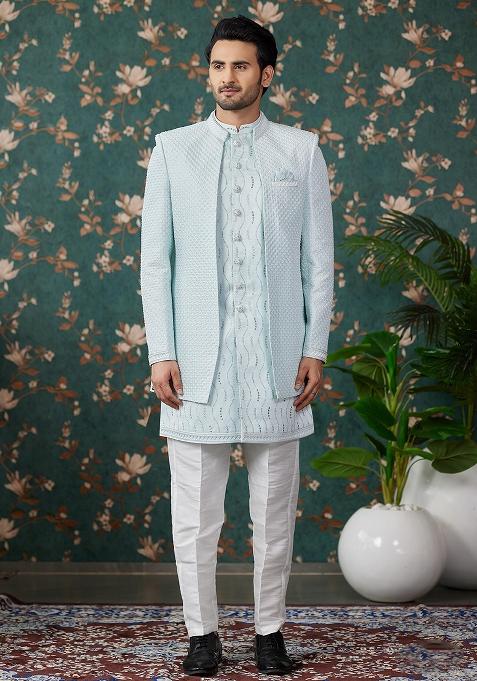 Pista Green Embroidered Art Silk Kurta Set For Men