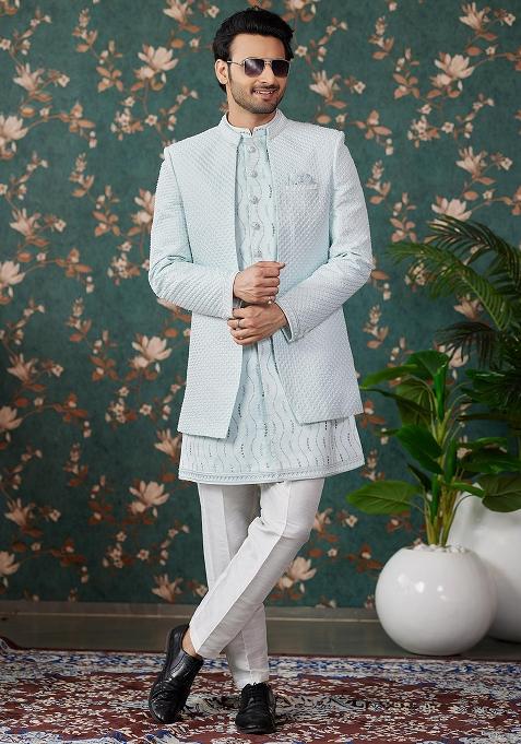 Pista Green Embroidered Art Silk Kurta Set For Men