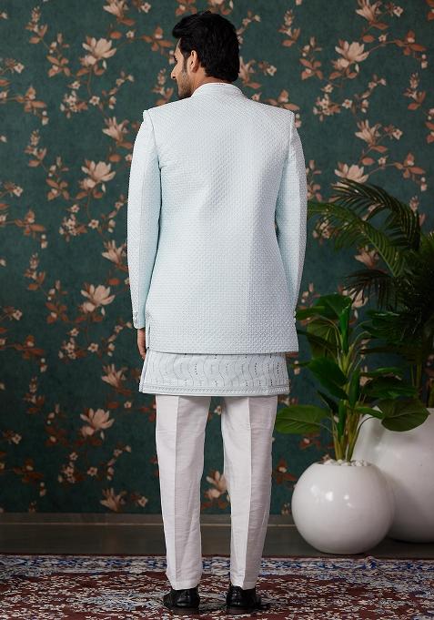 Pista Green Embroidered Art Silk Kurta Set For Men