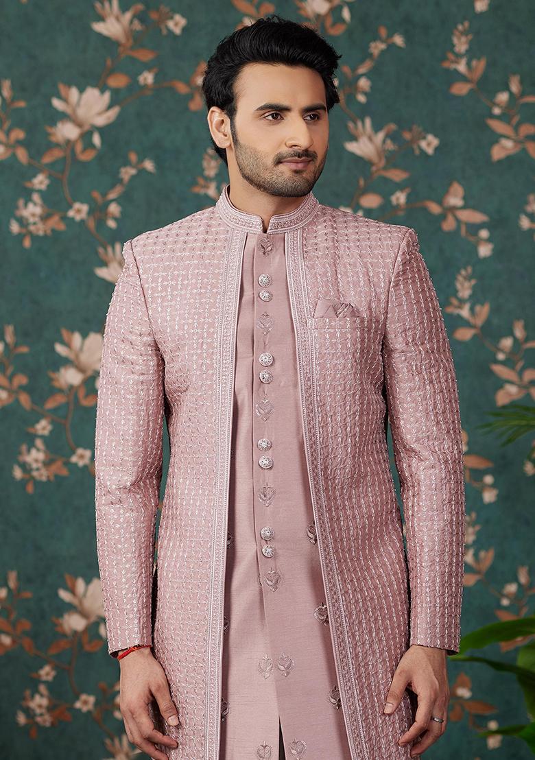 Light Pink Embroidered Art Silk Kurta Set For Men - Indya