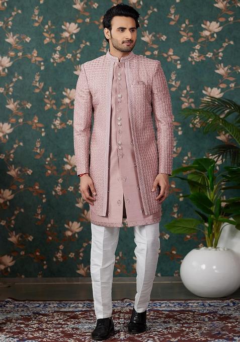 Light Pink Embroidered Art Silk Kurta Set For Men — view on Indya