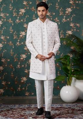 Cream Embroidered Art Silk Kurta Set For Men