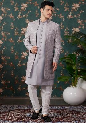 Grey Embroidered Art Silk Kurta Set For Men