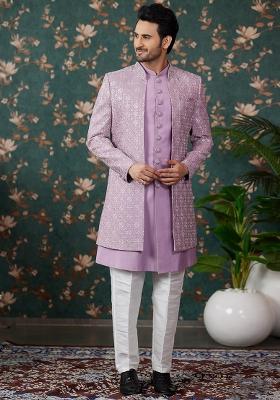 Light Purple Embroidered Art Silk Kurta Set For Men