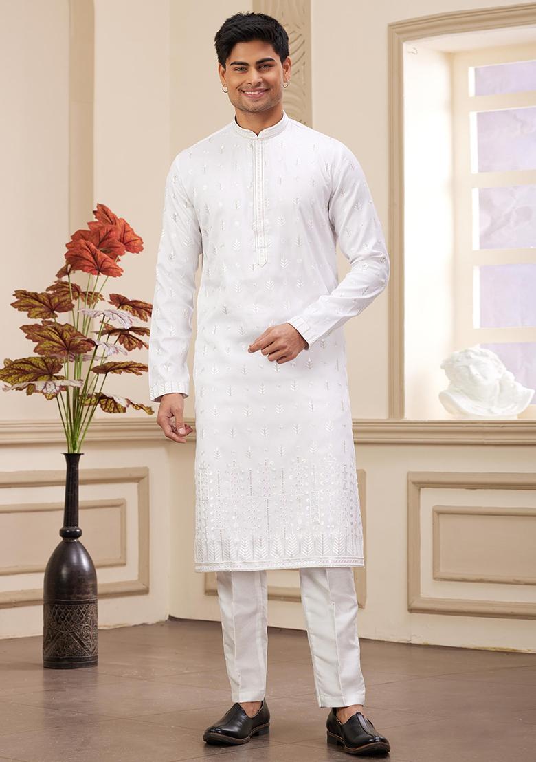 Off White Solid Art Silk Kurta Set For Men
