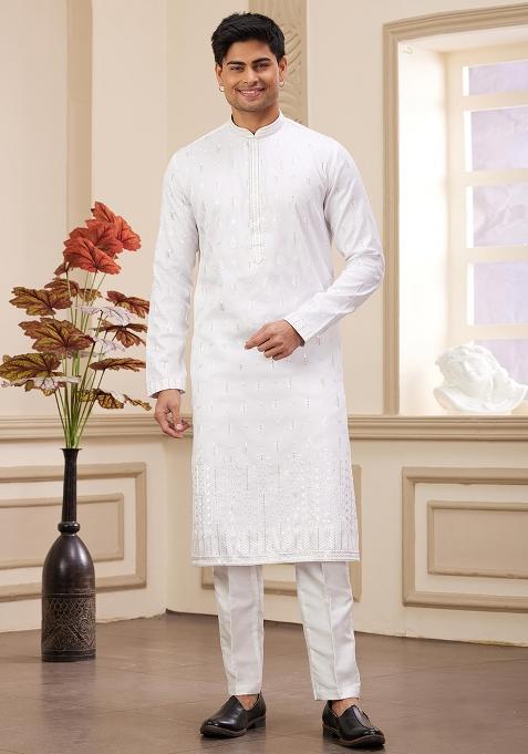 Off White Solid Art Silk Kurta Set For Men