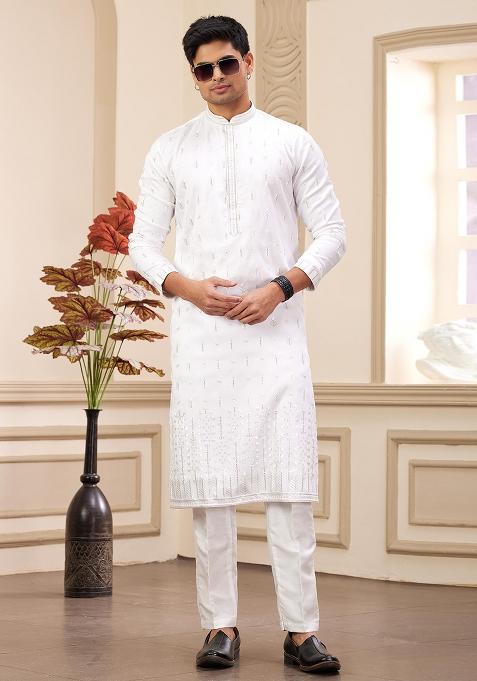 Off White Solid Art Silk Kurta Set For Men