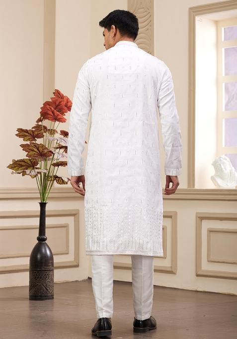 Off White Solid Art Silk Kurta Set For Men