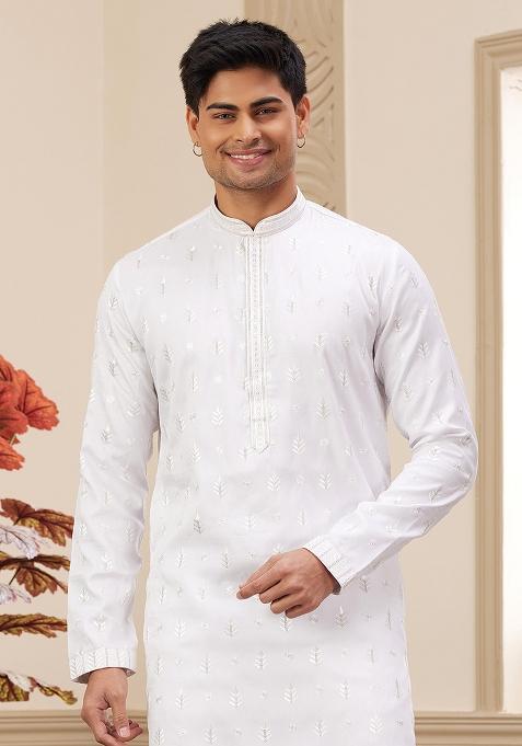 Off White Solid Art Silk Kurta Set For Men