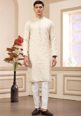 Beige Solid Art Silk Kurta Set For Men