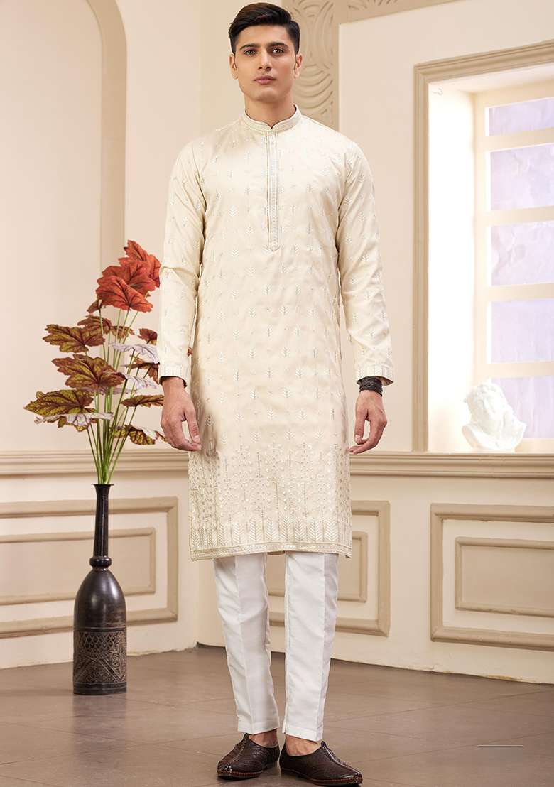 Beige Solid Art Silk Kurta Set For Men - Indya