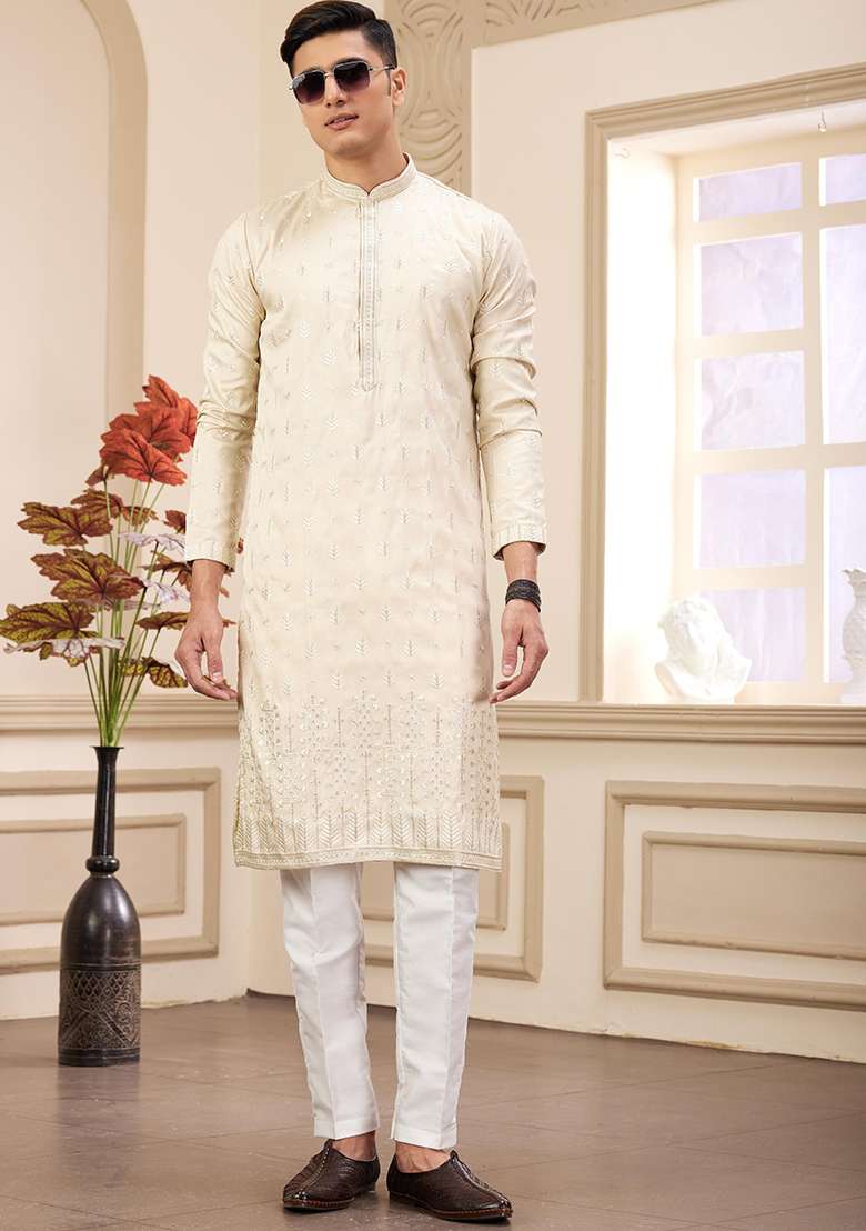 Beige Solid Art Silk Kurta Set For Men - Indya