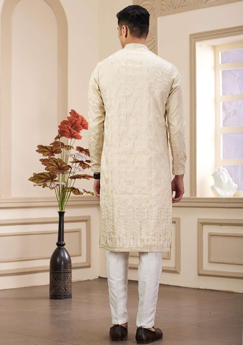 Beige Solid Art Silk Kurta Set For Men - Indya