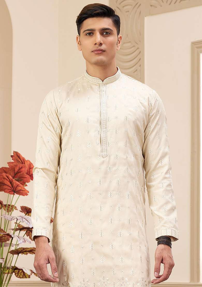 Beige Solid Art Silk Kurta Set For Men - Indya