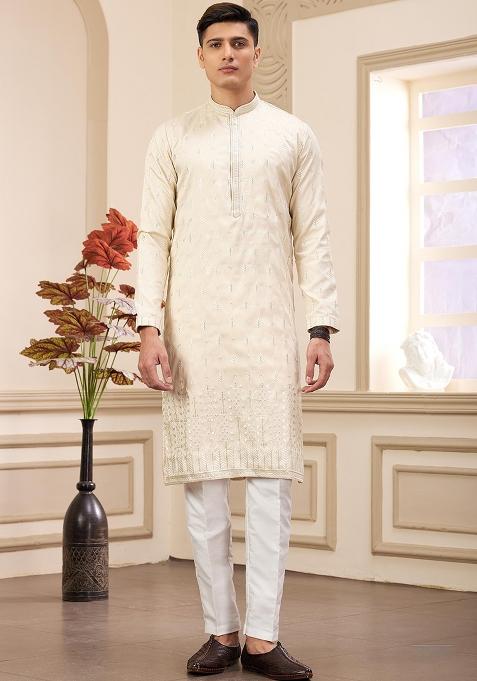 Beige Solid Art Silk Kurta Set For Men — view on Indya
