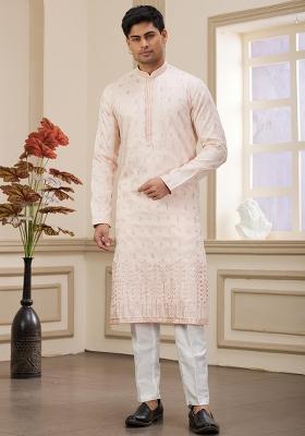 Light Pink Solid Art Silk Kurta Set For Men