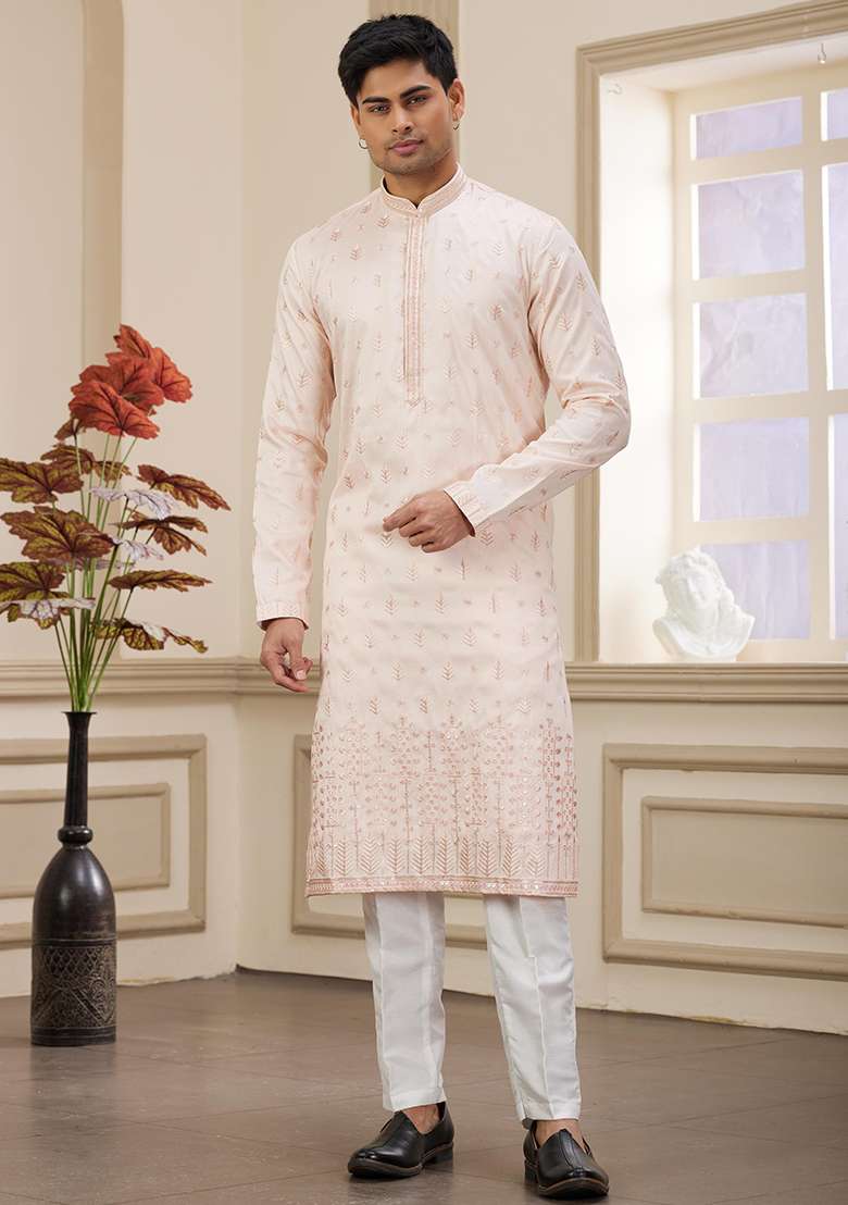 Light Pink Solid Art Silk Kurta Set For Men - Indya