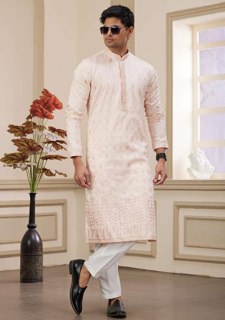 Light Pink Solid Art Silk Kurta Set For Men - Indya