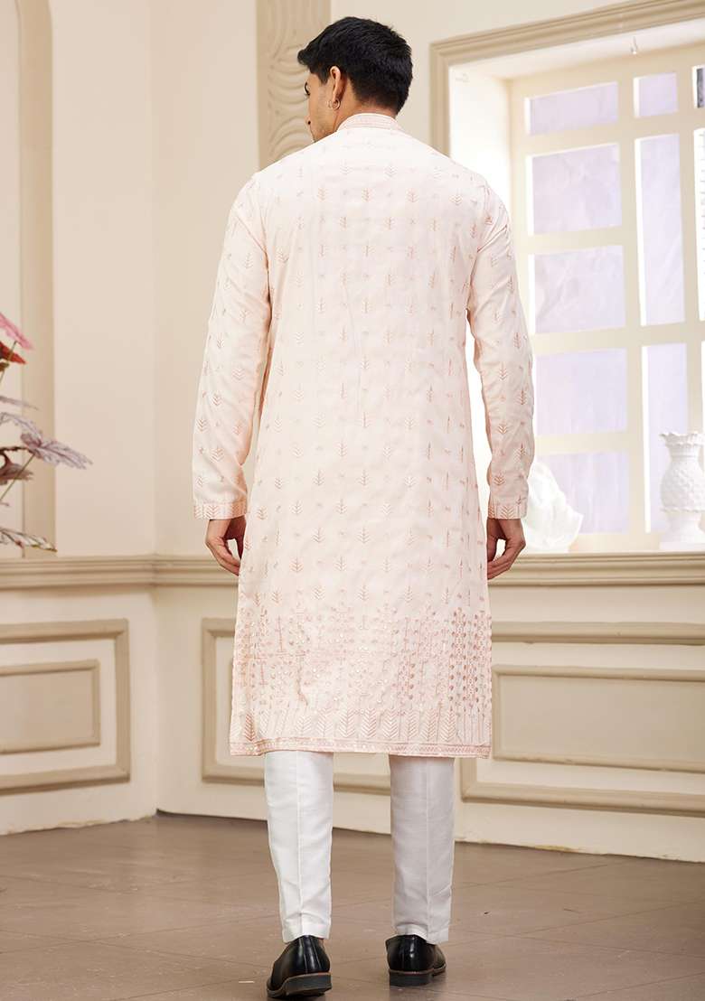 Light Pink Solid Art Silk Kurta Set For Men - Indya