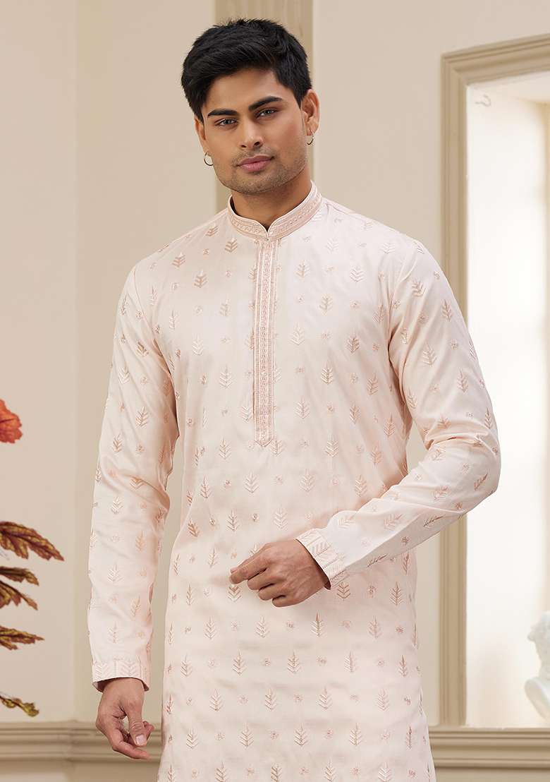 Light Pink Solid Art Silk Kurta Set For Men - Indya