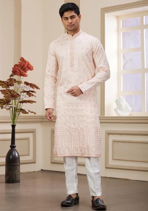 Light Pink Solid Art Silk Kurta Set For Men — view on Indya