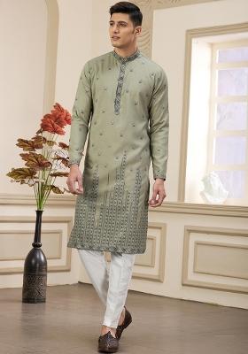 Green Solid Art Silk Kurta Set For Men