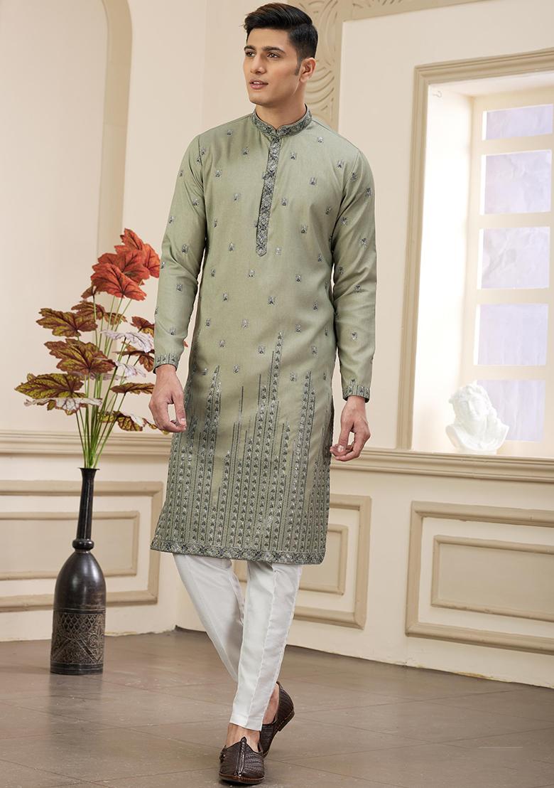 Green Solid Art Silk Kurta Set For Men