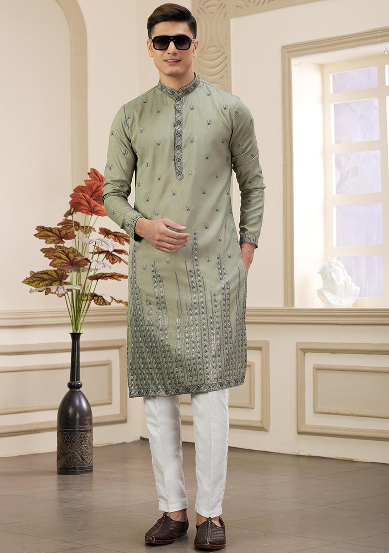 Green Solid Art Silk Kurta Set For Men