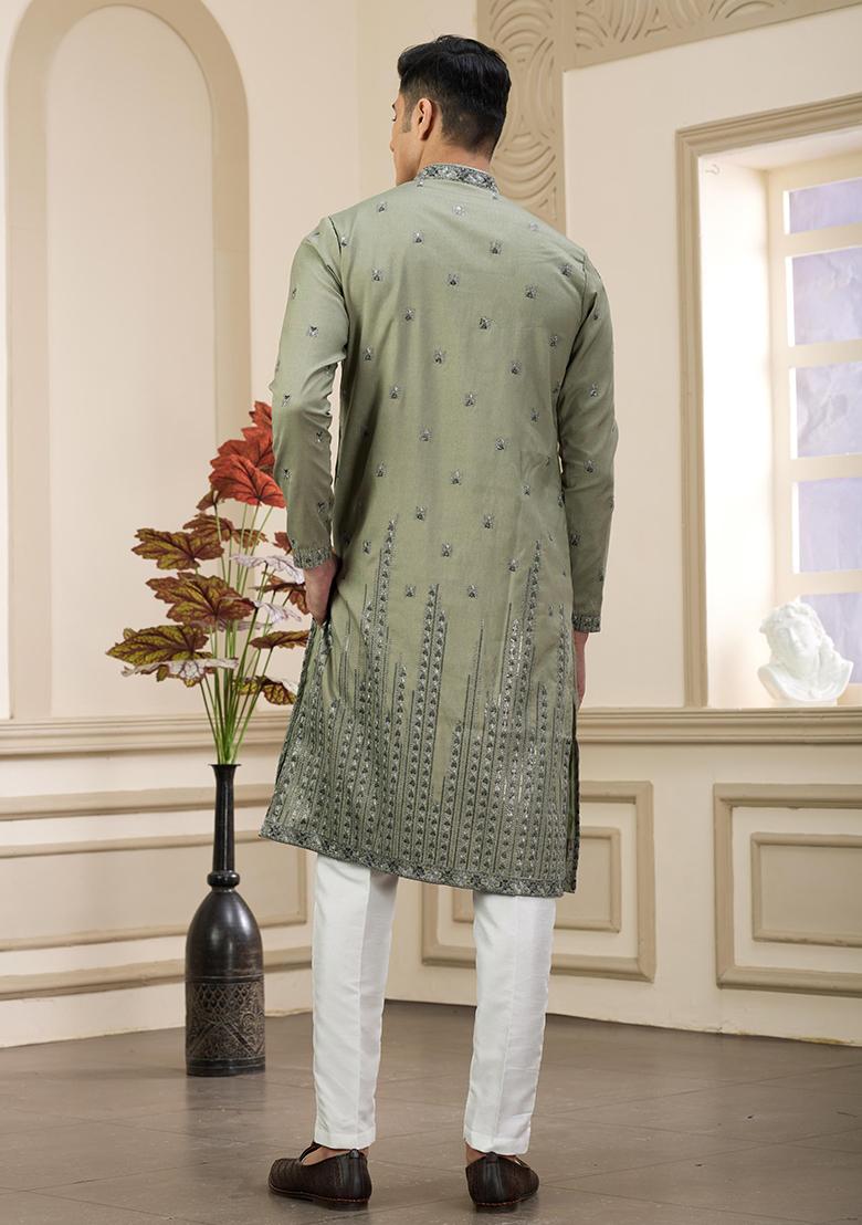 Green Solid Art Silk Kurta Set For Men