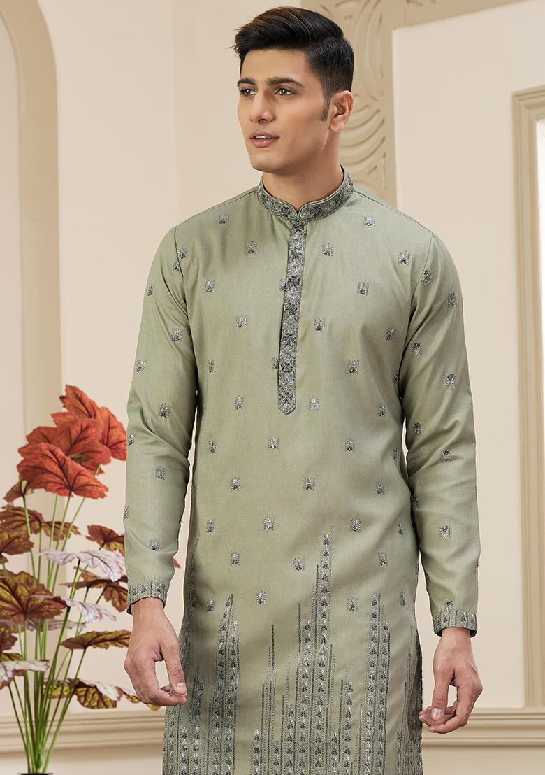 Green Solid Art Silk Kurta Set For Men
